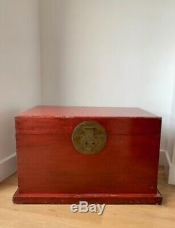 Antique Large Asian Chinese Red Laquered Wooden Storage Trunk Chest Qing Dynasty