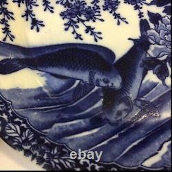 Antique Large Chinese Blue & White Koi Carp Platter