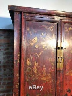 Antique Large Chinese Original Hand Painted Red Cabinet Wardrobe C 1920