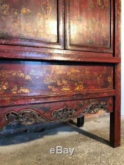 Antique Large Chinese Original Hand Painted Red Cabinet Wardrobe C 1920