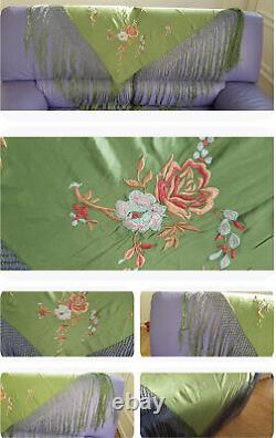 Antique Large Chinese Piano Shawl Hand Embroidered Silk Rose