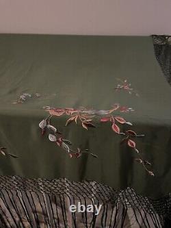 Antique Large Chinese Piano Shawl Hand Embroidered Silk Rose