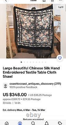 Antique Large Chinese Piano Shawl Hand Embroidered Silk Rose