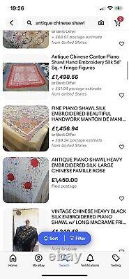 Antique Large Chinese Piano Shawl Hand Embroidered Silk Rose