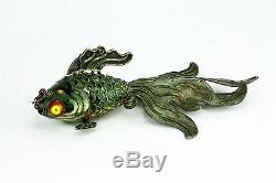 Antique Large Chinese Silver Enameled Green Articulated Koi Fish