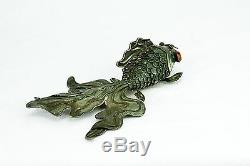 Antique Large Chinese Silver Enameled Green Articulated Koi Fish