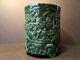 Antique Large Chinese Spinach Jade Brush Pot With Carvings, Qing (1644-1912)