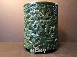 Antique Large Chinese Spinach Jade Brush Pot with Carvings, Qing (1644-1912)