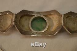 Antique Large Chinese Sterling Filigree Carved Jade Vermeil Enamel Bracelet
