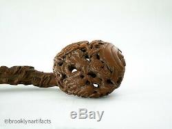 Antique Large Chinese Wood Carved Ruyi Sceptre Reticulated Floral Design
