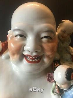 Antique Large Famille Rose SEATED LAUGHING BUDDHA FIGURE WITH FIVE CHILDREN