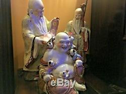 Antique Large Famille Rose SEATED LAUGHING BUDDHA FIGURE WITH FIVE CHILDREN