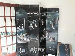 Antique Large Oriental Chinese Black Lacquer Room Divider Folding Screen