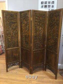 Antique Large Oriental Chinese Carved 4 Piece Wooden Room Divider Folding Screen