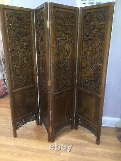 Antique Large Oriental Chinese Carved 4 Piece Wooden Room Divider Folding Screen