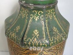 Antique Large Tole Chinese Tea Canister Green, Gold and Black c. 1880's