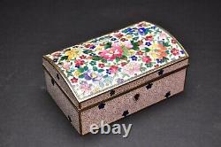 Antique Large japanese White Enamel Floral Cloisonne Lidded box Velvet Lining