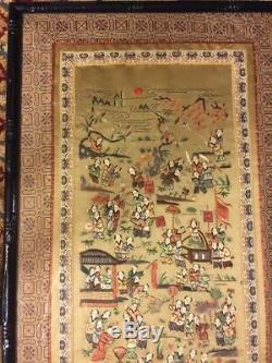 Antique Old Large Chinese Asian Silk Embroidery Panel Framed Folk Art Figures