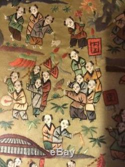 Antique Old Large Chinese Asian Silk Embroidery Panel Framed Folk Art Figures