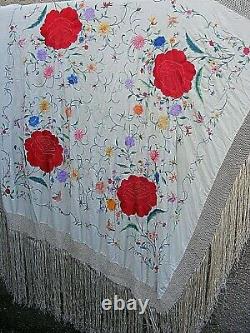 Antique Piano Shawl Heavy Embroidered Silk Large Chinese Famille Rose