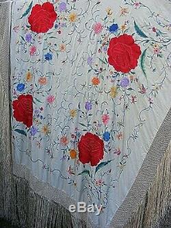 Antique Piano Shawl Heavy Embroidered Silk Large Chinese Famille Rose