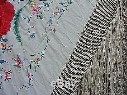 Antique Piano Shawl Heavy Embroidered Silk Large Chinese Famille Rose