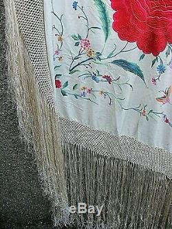 Antique Piano Shawl Heavy Embroidered Silk Large Chinese Famille Rose