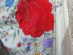 Antique Piano Shawl Heavy Embroidered Silk Large Chinese Famille Rose