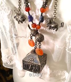 Antique Qing Chinese Long Silver Lapis Necklace Gourd Animal Amulets Large Bell