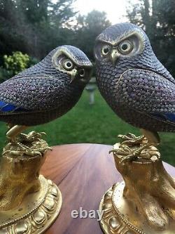 Antique Style LARGE CHINESE PAIR OF SOLID SILVER AND ORMOLU BRONZE JEWELLED OWLS
