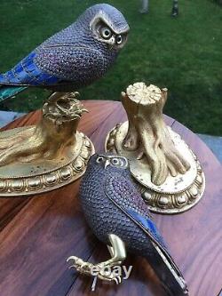 Antique Style LARGE CHINESE PAIR OF SOLID SILVER AND ORMOLU BRONZE JEWELLED OWLS