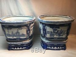 Antique/ VTG. Large Pair of Antique Chinese Porcelain Planters with Underplates