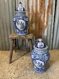 Antique Vintage Blue White Chinese Ginger Jars Pair Country House EXTRA LARGE