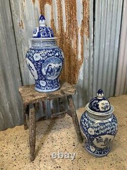 Antique Vintage Blue White Chinese Ginger Jars Pair Country House EXTRA LARGE