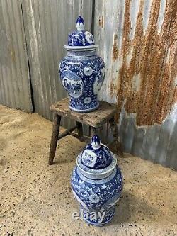 Antique Vintage Blue White Chinese Ginger Jars Pair Country House EXTRA LARGE