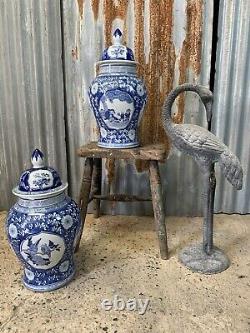 Antique Vintage Blue White Chinese Ginger Jars Pair Country House EXTRA LARGE