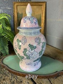 Antique Vintage Chinese Lidded Ginger Jar Pink Blue Country House Large