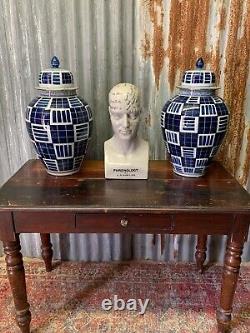 Antique Vintage Chinese PAIR Blue White Geometric Ginger Jars Painted Large 54cm