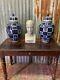 Antique Vintage Chinese Pair Blue White Geometric Ginger Jars Painted Large 54cm