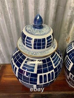Antique Vintage Chinese PAIR Blue White Geometric Ginger Jars Painted Large 54cm