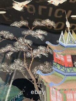 Antique Vintage Chinese Reverse Painted Glass Painting Large 46cm Pagoda Cranes