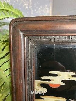 Antique Vintage Chinese Reverse Painted Glass Painting Large 46cm Pagoda Cranes
