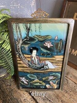 Antique Vintage Chinese Reverse Painted Glass Painting Large 51cm Geisha