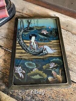 Antique Vintage Chinese Reverse Painted Glass Painting Large 51cm Geisha