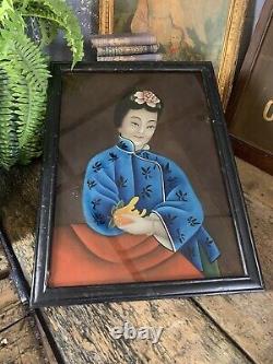 Antique Vintage Chinese Reverse Painted Glass Painting Large 54cm Lady Portrait