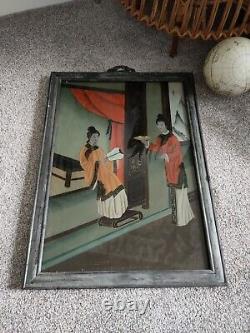 Antique Vintage Chinese Reverse Painted Glass Painting Large 55cm tall