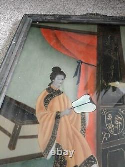 Antique Vintage Chinese Reverse Painted Glass Painting Large 55cm tall