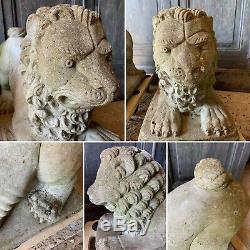 Antique Vintage Garden Stone PAIR Lion Statue Large Weathered Foo Fu Dog Chinese