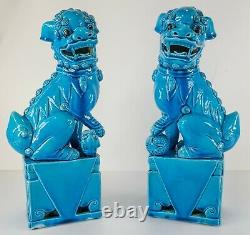 Antique Vintage Pair of Chinese Turquoise Blue Glazed Large Foo Dog Pair Figures