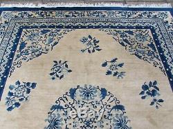 Antique Worn Hand Made Art Deco Chinese Beige Blue Wool Large Carpet 305x245cm